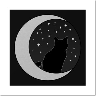 Black Cat and Silver Crescent Moon Posters and Art